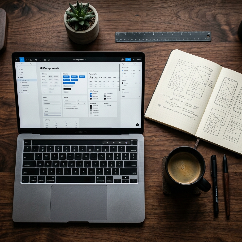 FORGED design process — a designer's workspace showing component architecture and design tokens in Figma